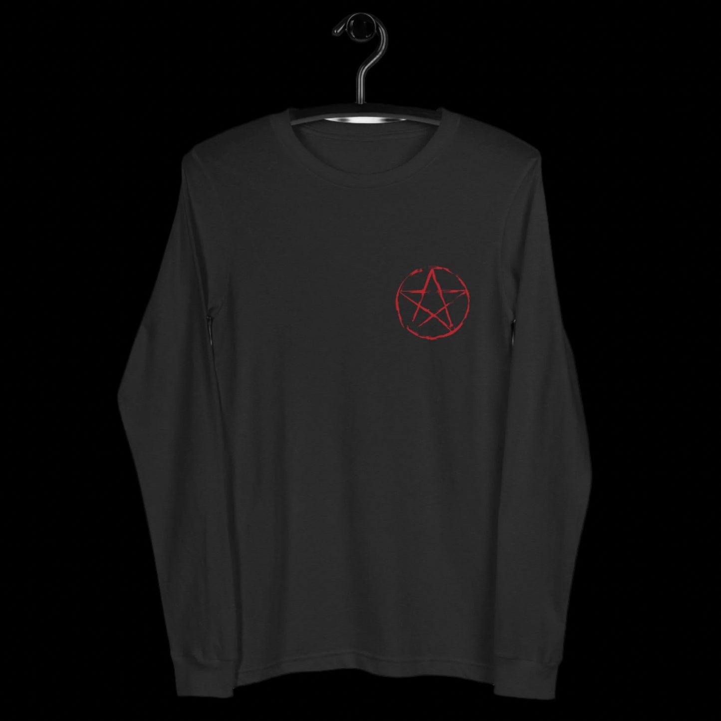 Black long-sleeve shirt with a red pentagram symbol on a hanger