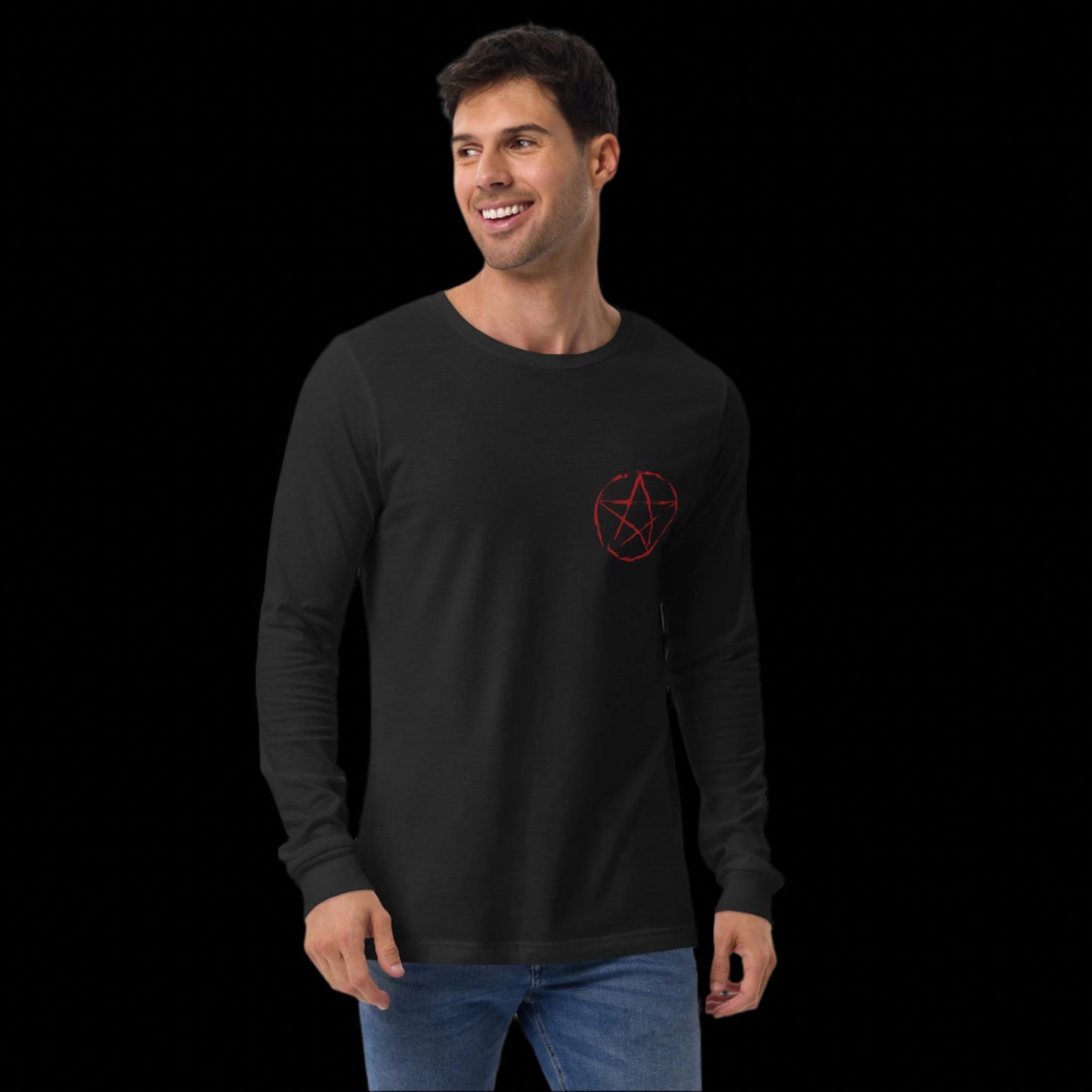 Man wearing a black long-sleeve shirt with a red symbol