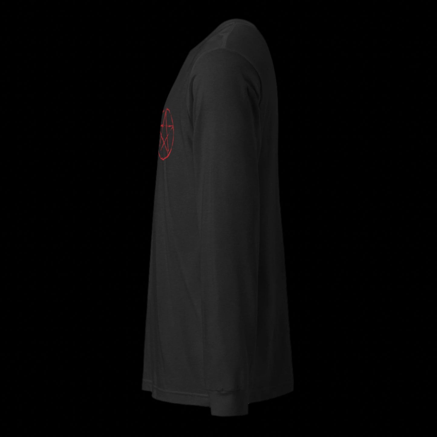 Black long-sleeve shirt with a red logo on the sleeve