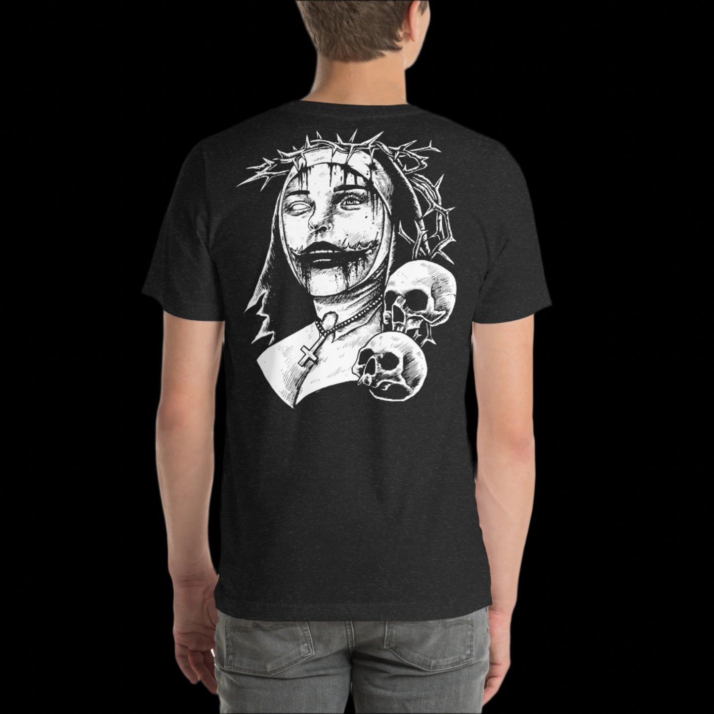 Black t-shirt with white graphic design on a person