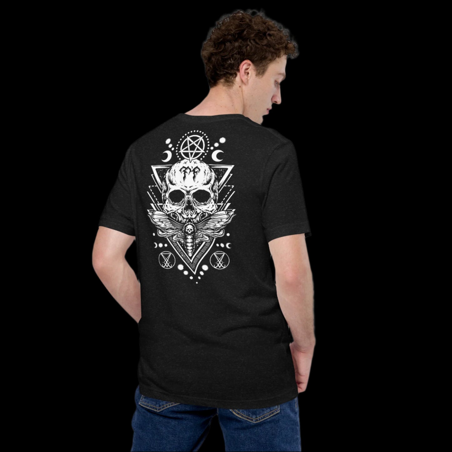Person wearing a black t-shirt with a white skull and geometric design on the back