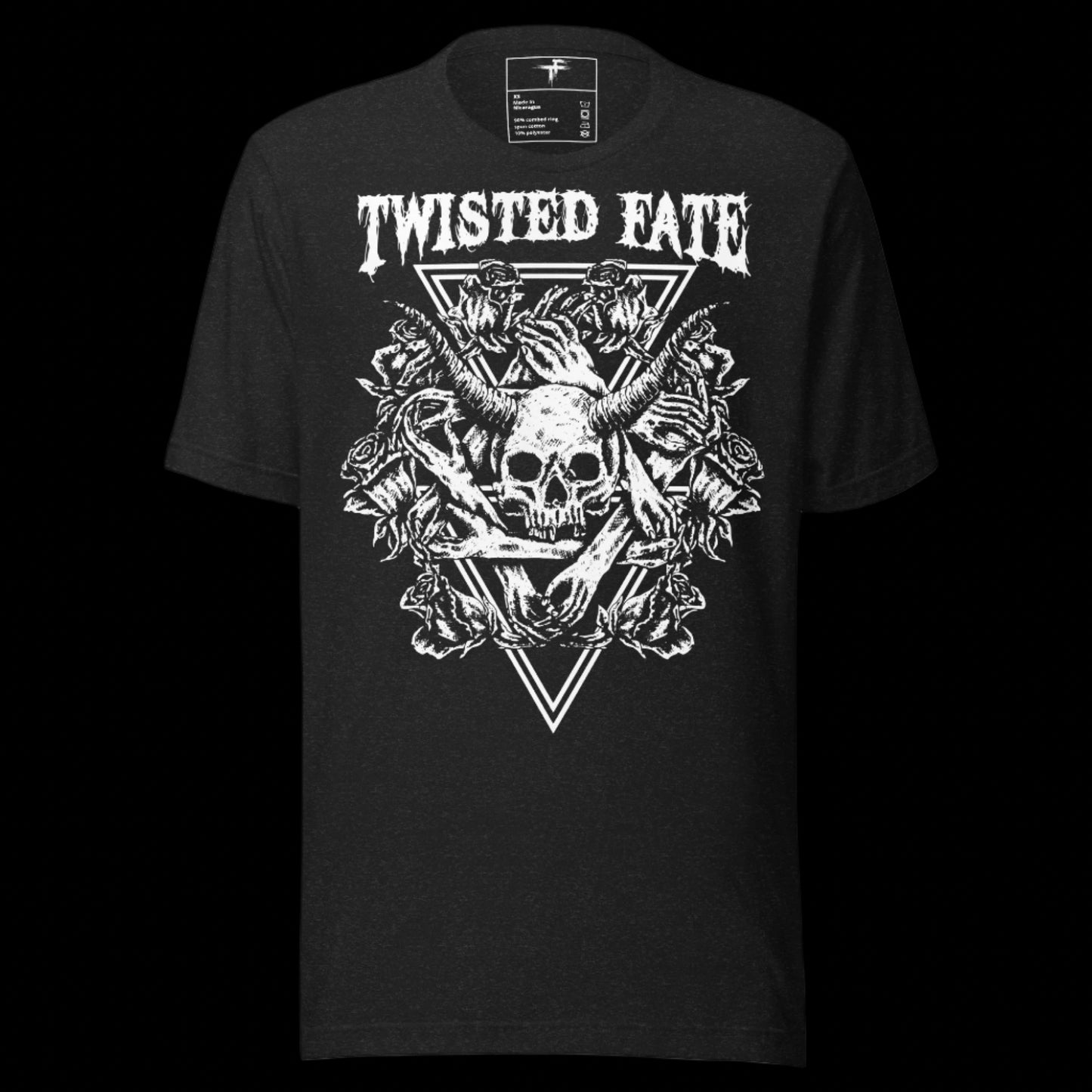 Black t-shirt with 'Twisted Fate' graphic design