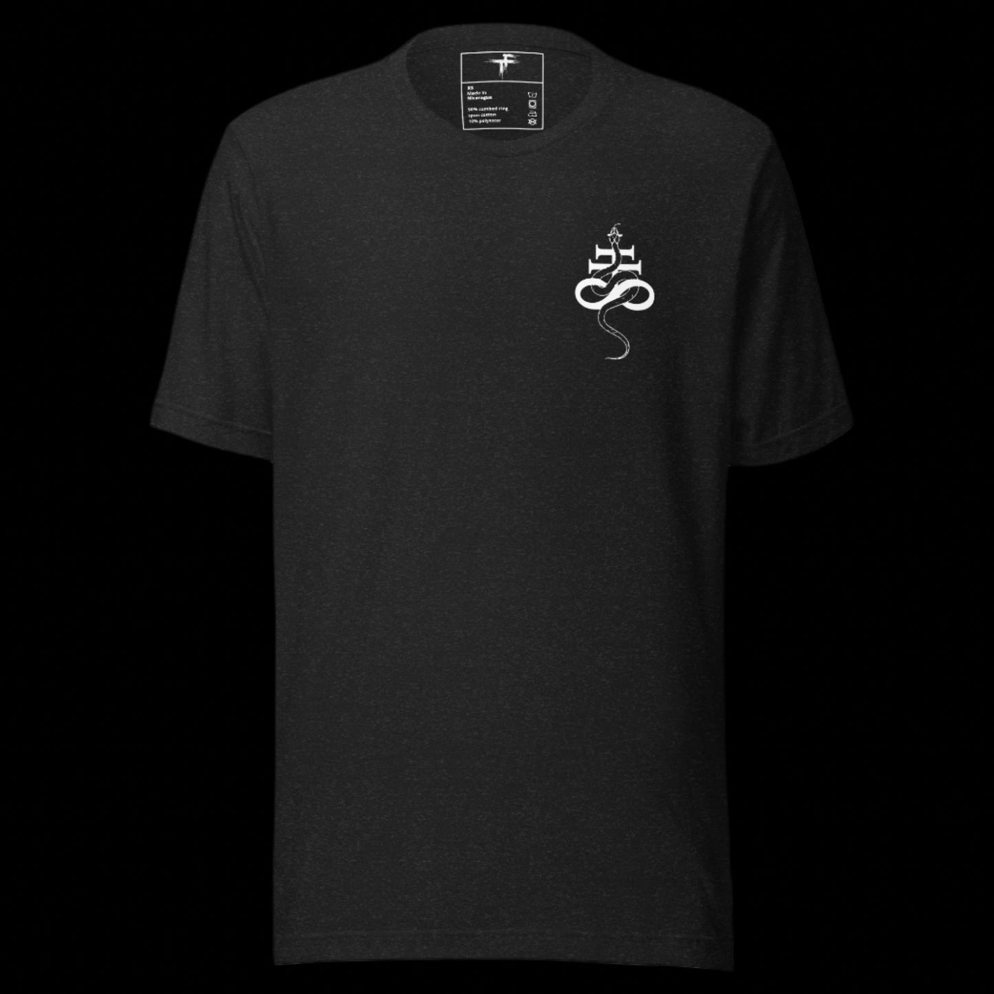 Black t-shirt with a white logo on the chest