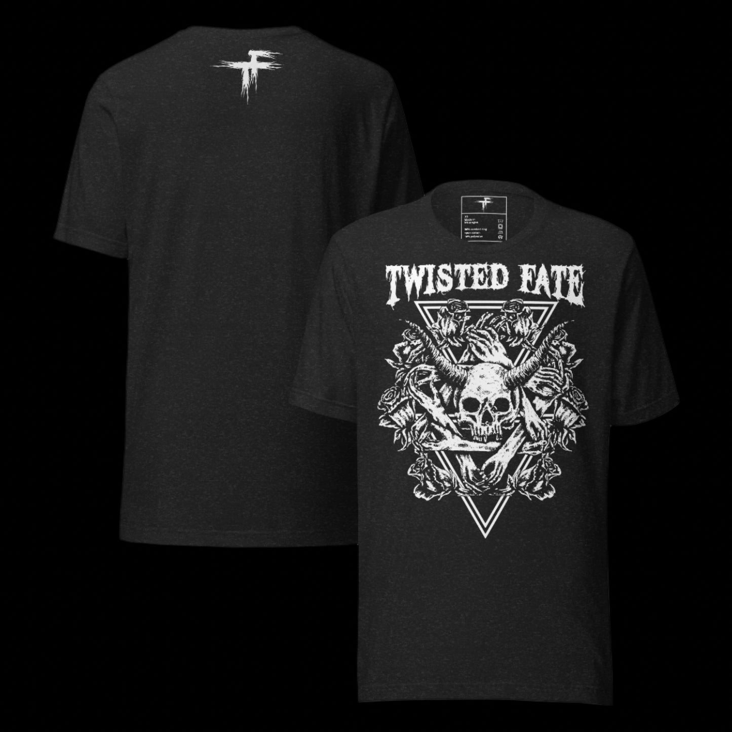 Black t-shirt with 'Twisted Fate' design on front and back