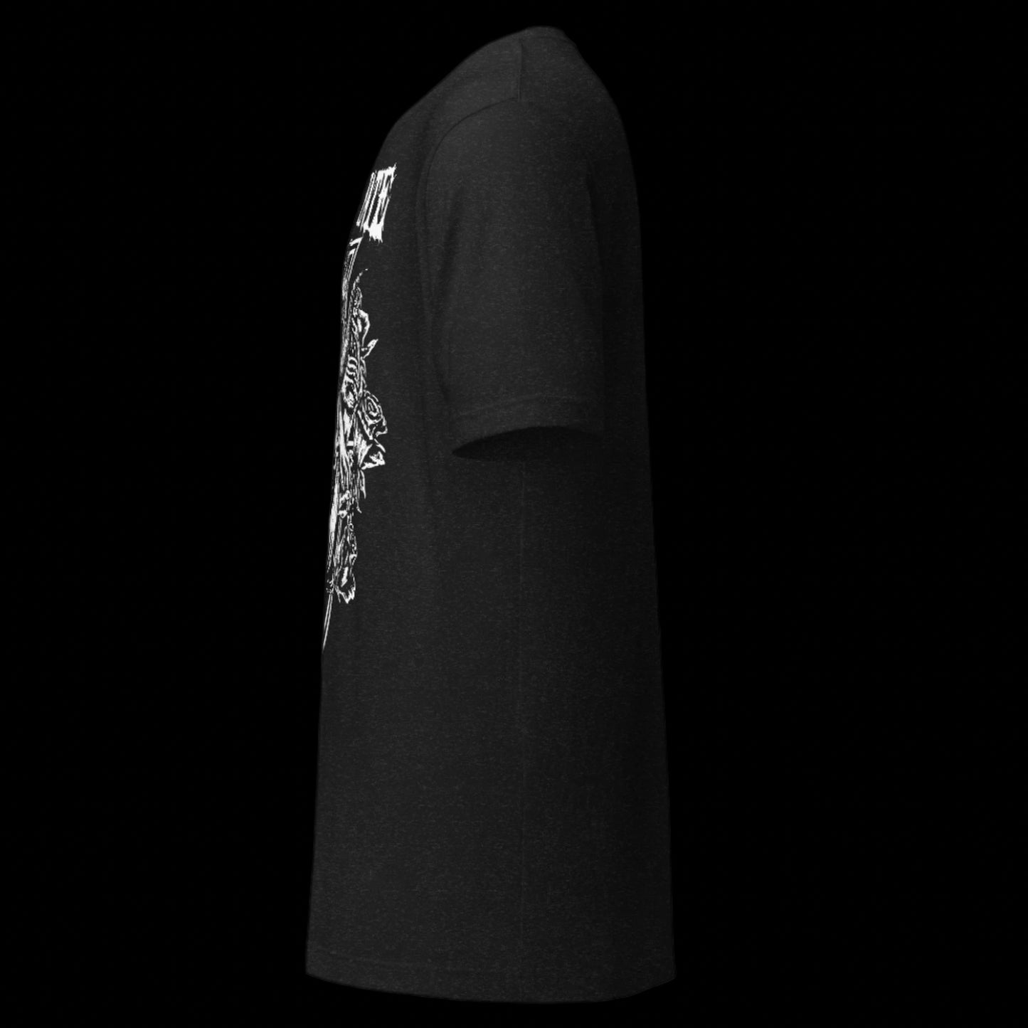 Black t-shirt with white graphic design
