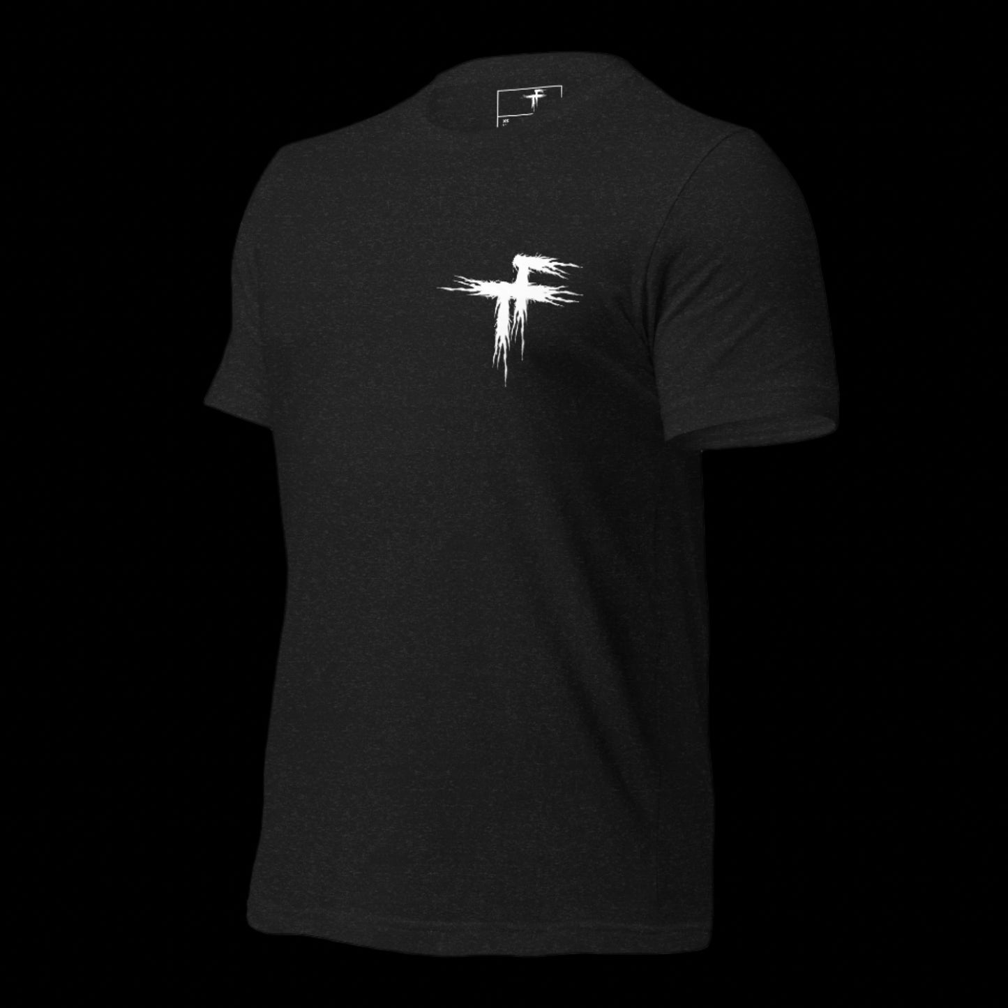 Black t-shirt with a white abstract design o