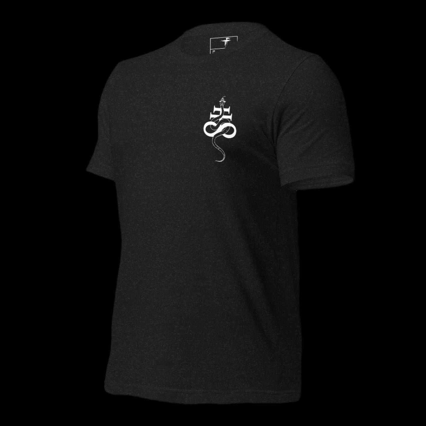 Black t-shirt with a white logo on the chest