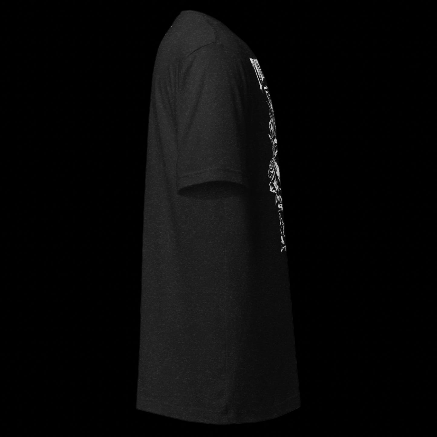 Black t-shirt with white text and graphics