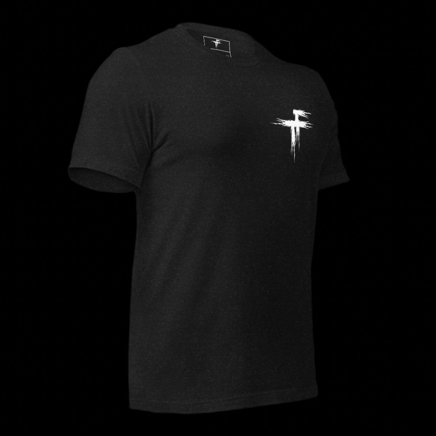 Black t-shirt with white graphic design