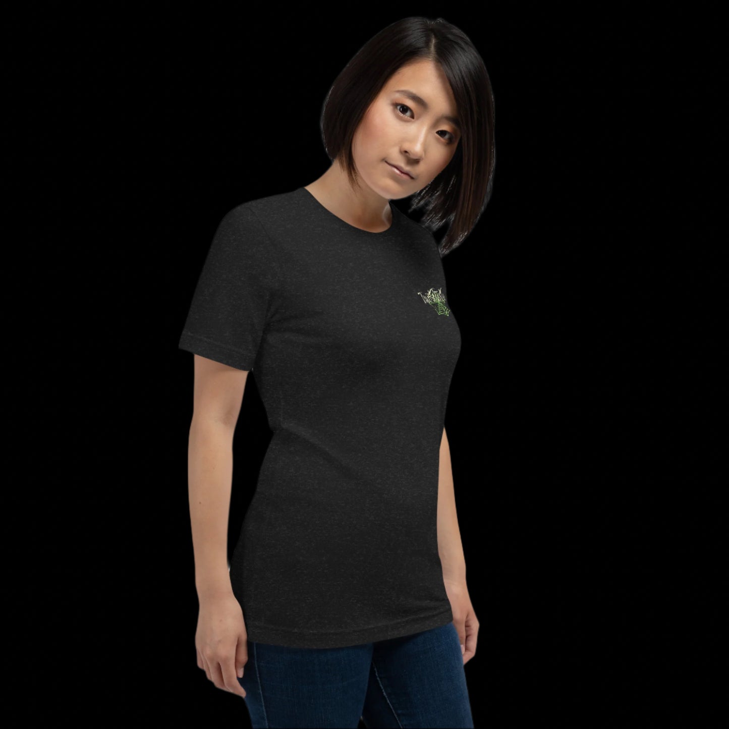 Woman wearing a black t-shirt with a logo on a white background