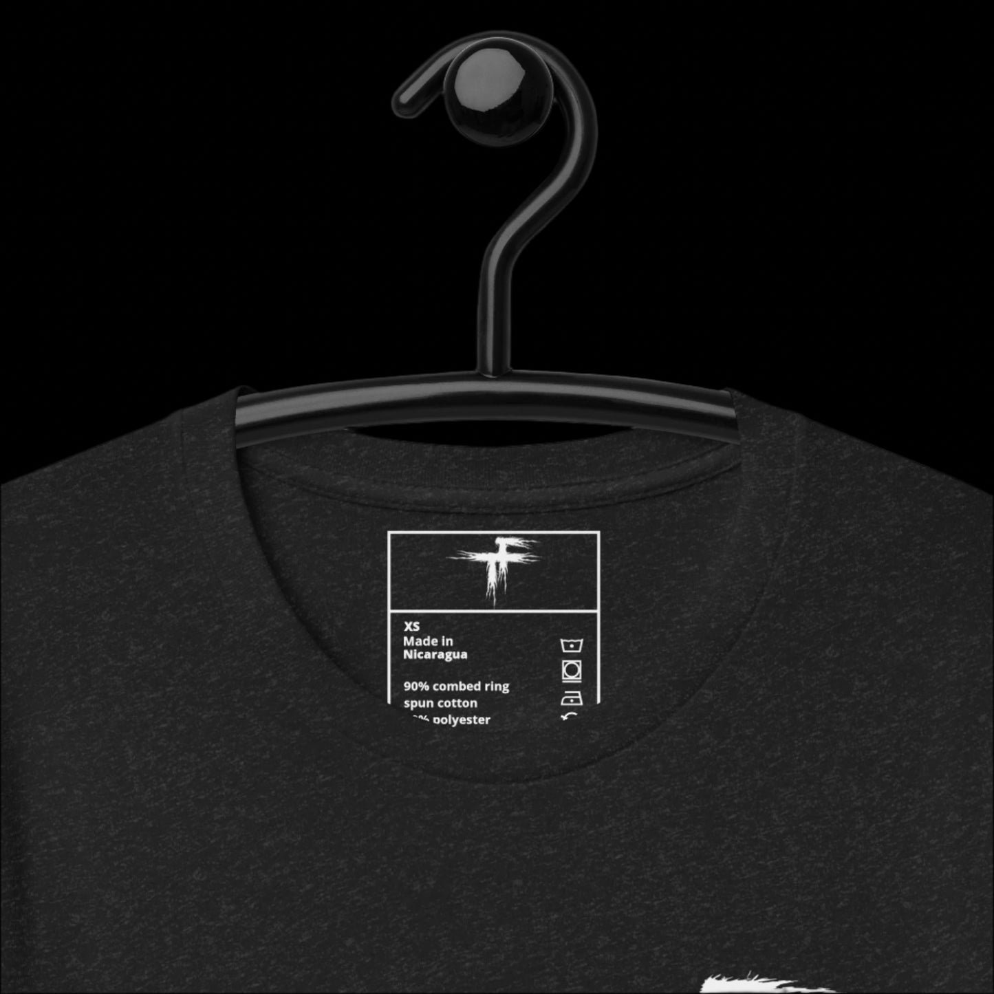 Black t-shirt with a label on a hanger