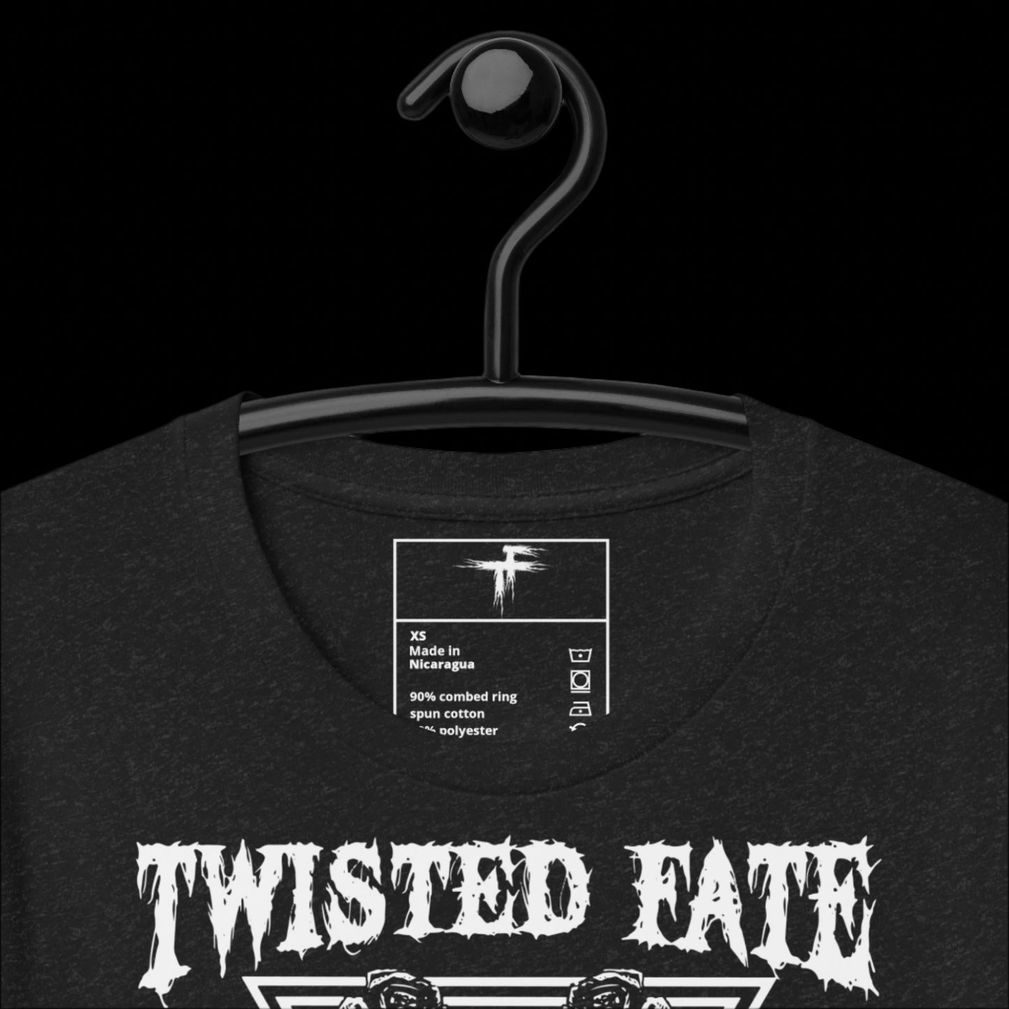 Black t-shirt with 'Twisted Fate' design on a hanger