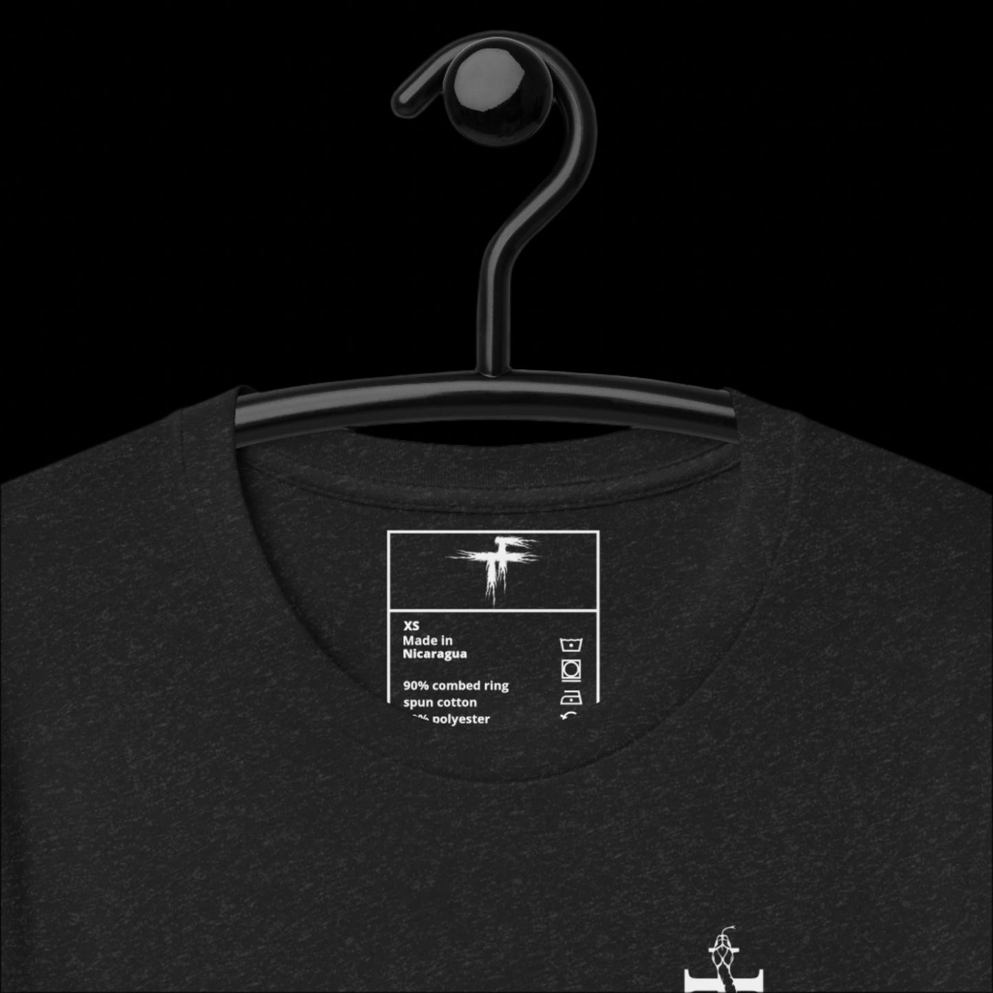 Black t-shirt with a label on a hanger