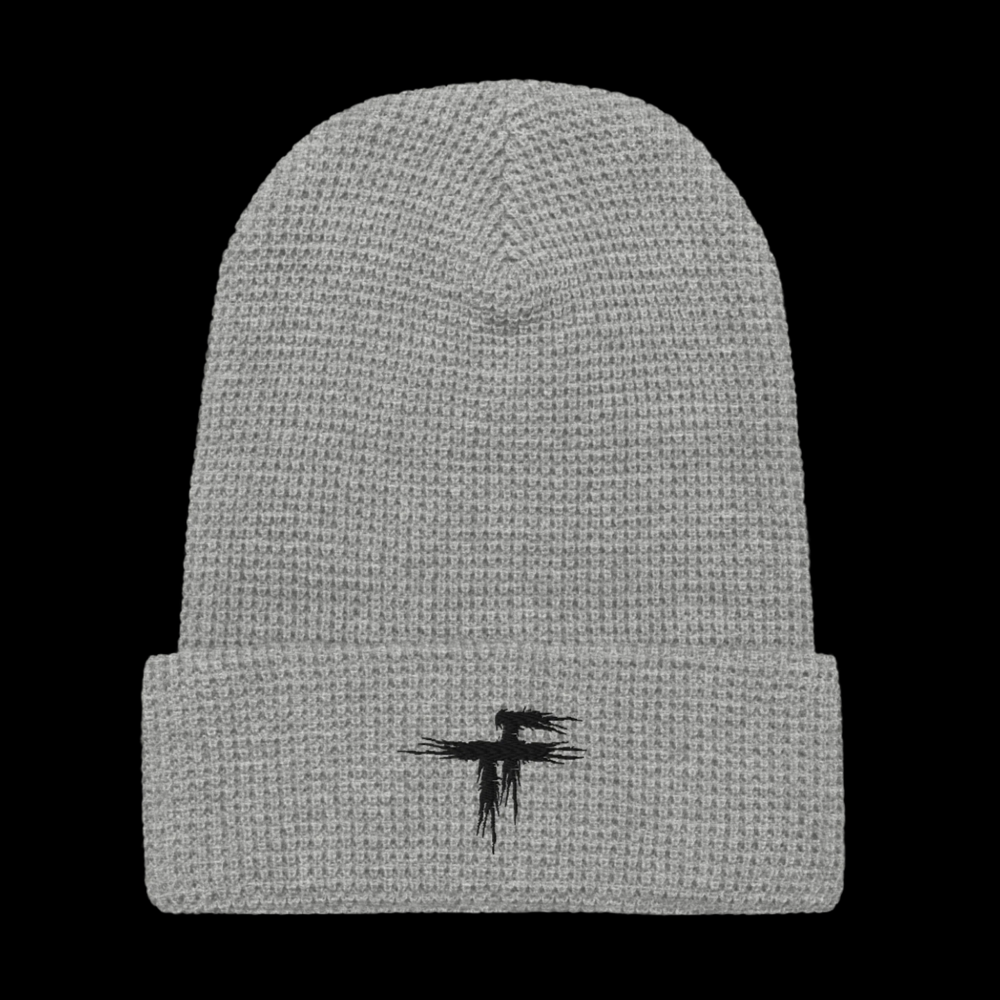 Gray knit beanie with a black logo