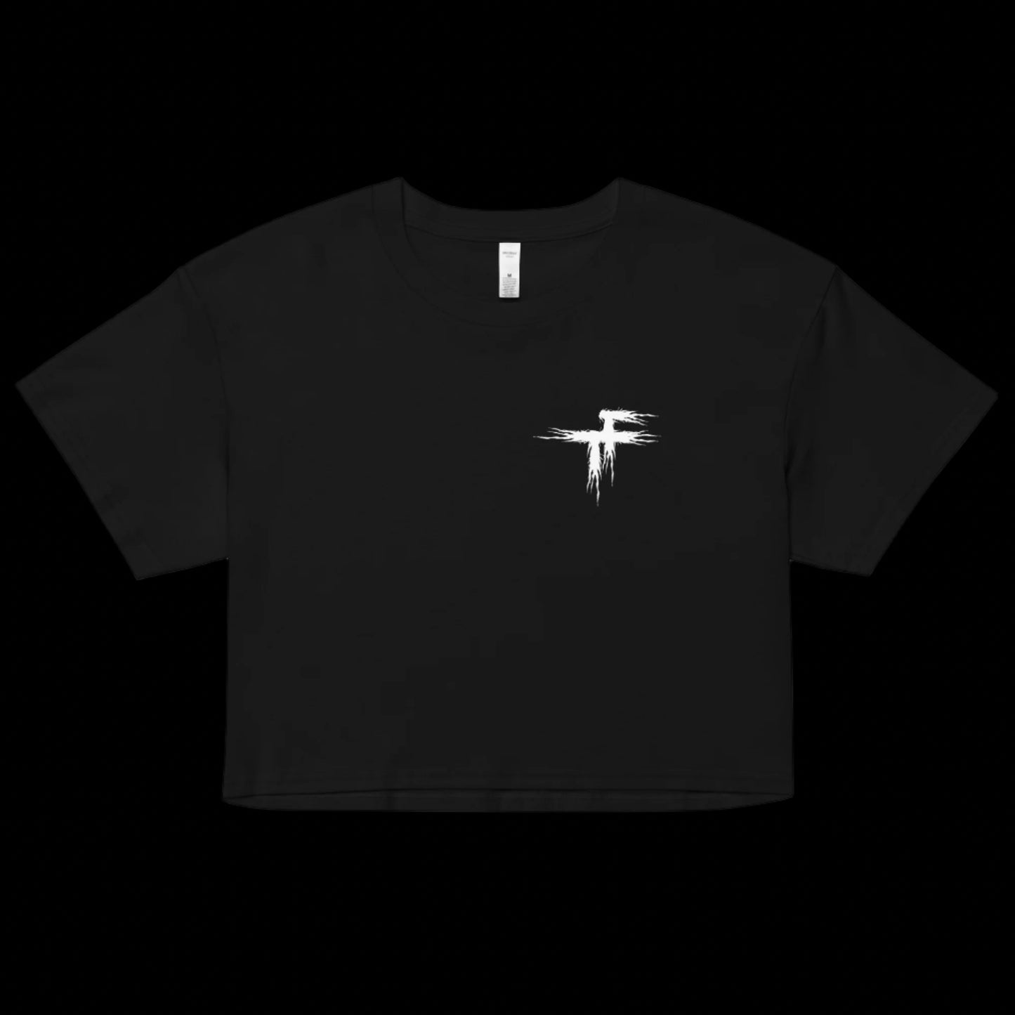 Black crop top with a white logo