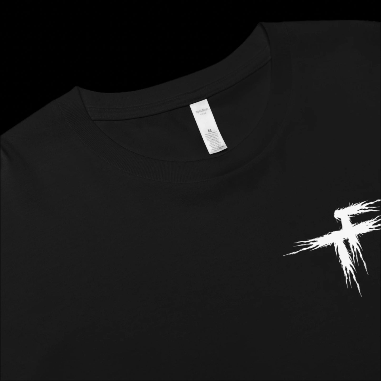 Black t-shirt with a white graphic design