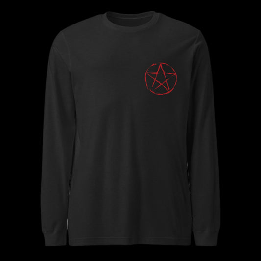 Black long-sleeve shirt with a red pentagram symbol 
