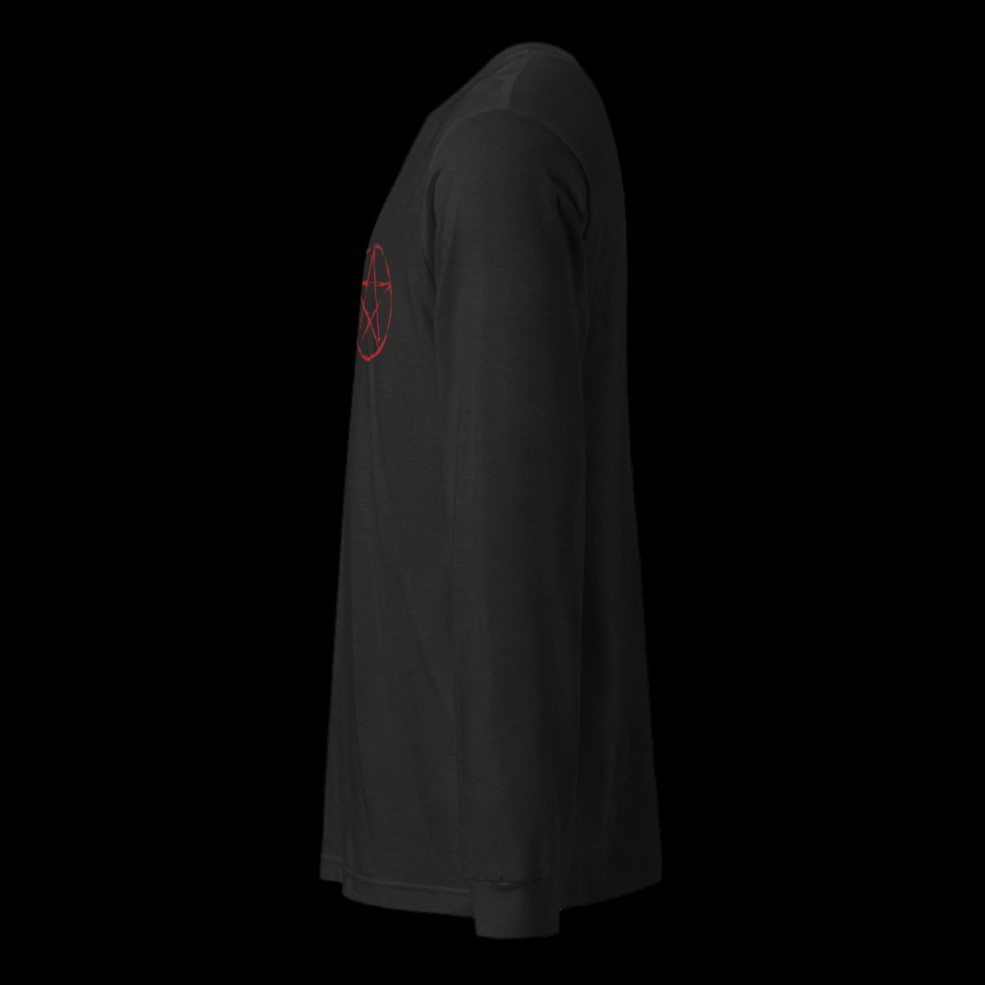 Black long-sleeve shirt with a red logo on the sleeve 