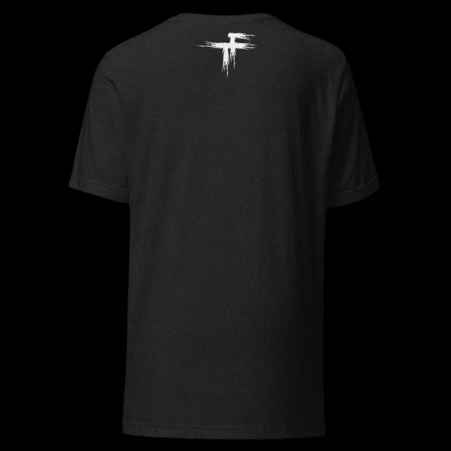 Black t-shirt with a white logo on the back against