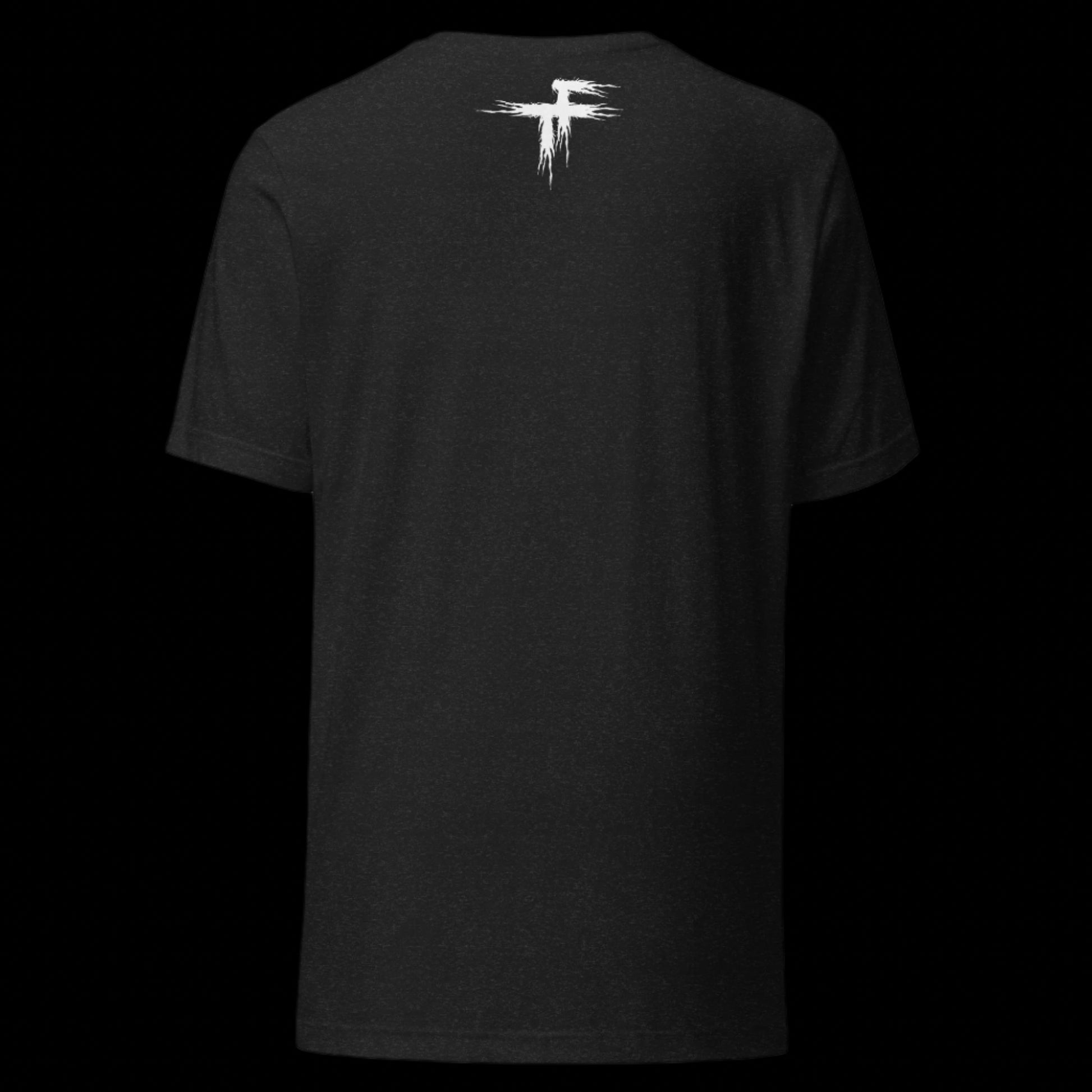 Black t-shirt with a white logo on the back against