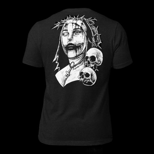 Black t-shirt with a graphic design on the back featuring a stylized face and skulls.