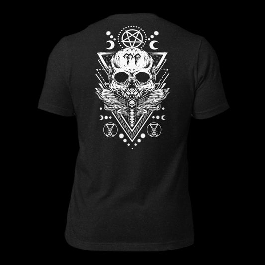 Black t-shirt with white skull and geometric design