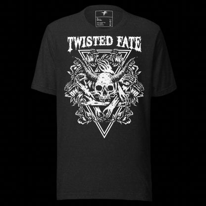 Black t-shirt with 'Twisted Fate' graphic design