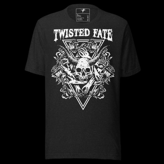 Black t-shirt with 'Twisted Fate' graphic design