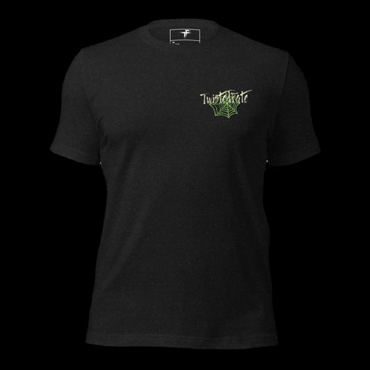 Black t-shirt with a logo on the chest