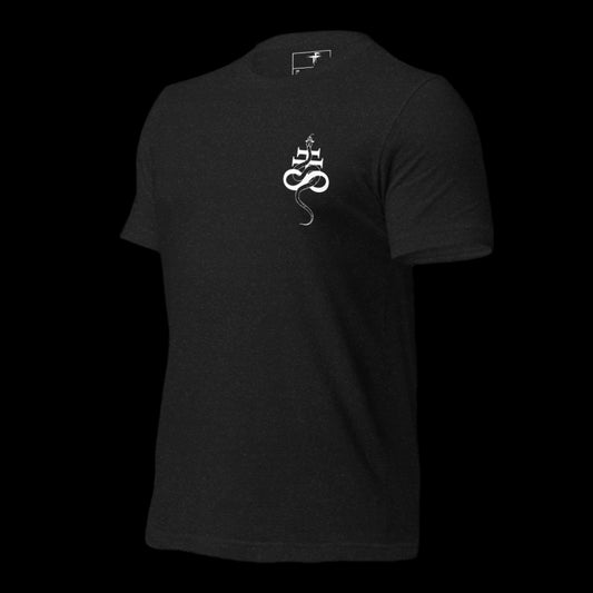 Black t-shirt with a white logo on the chest 