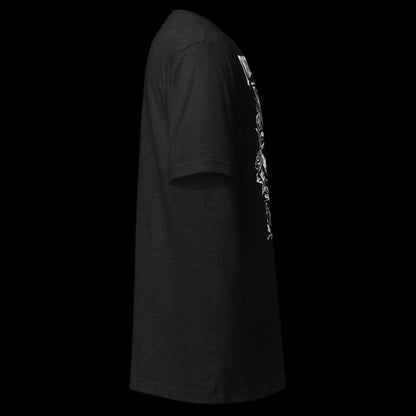 Black t-shirt with white text and graphics 