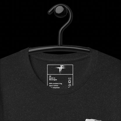 Black t-shirt with a label on a hanger 