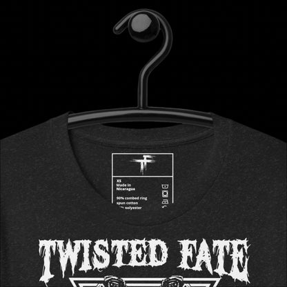 Black t-shirt with 'Twisted Fate' design on a hanger