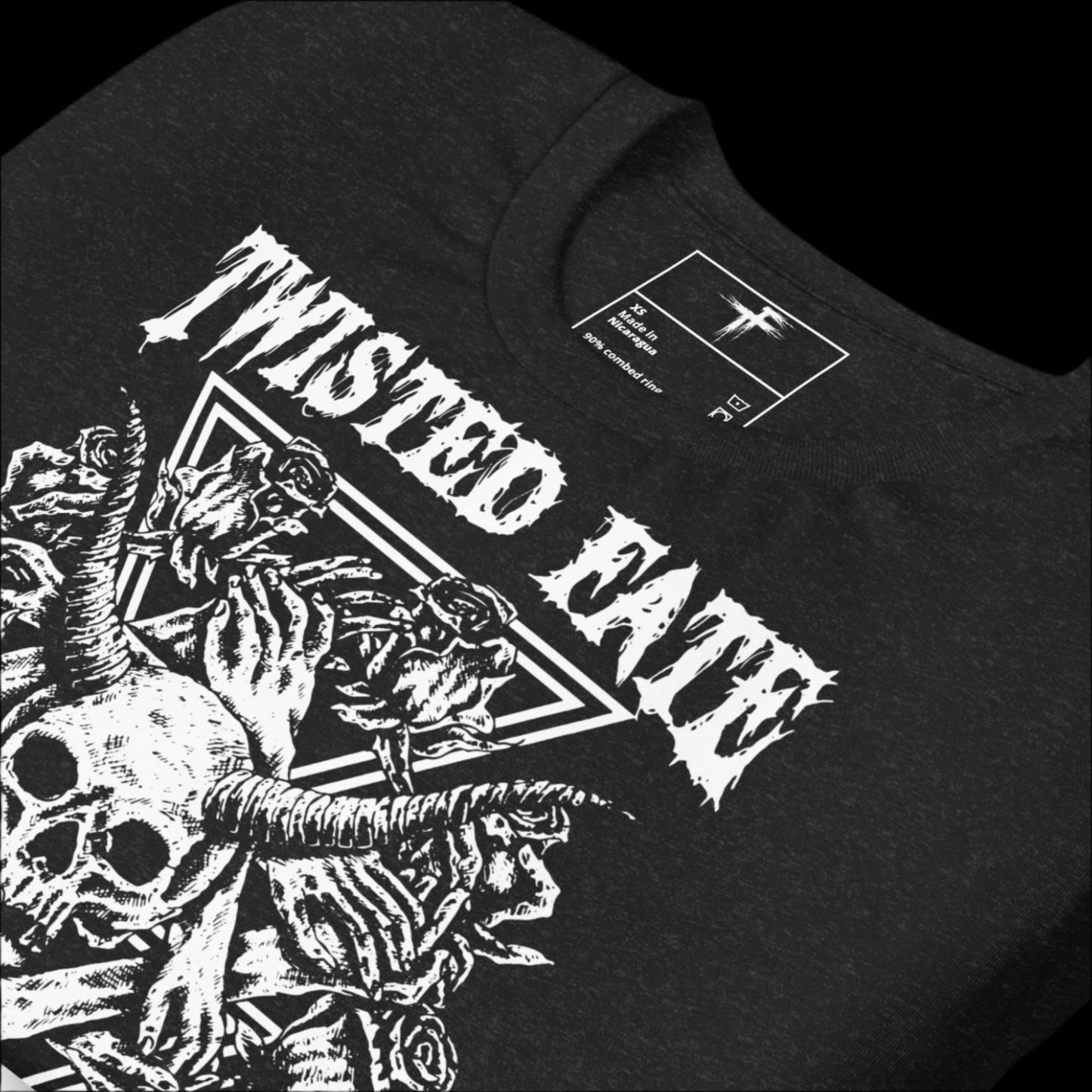 Black t-shirt with 'Twisted Fate' graphic design