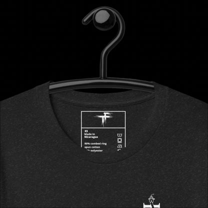 Black t-shirt with a label on a hanger 