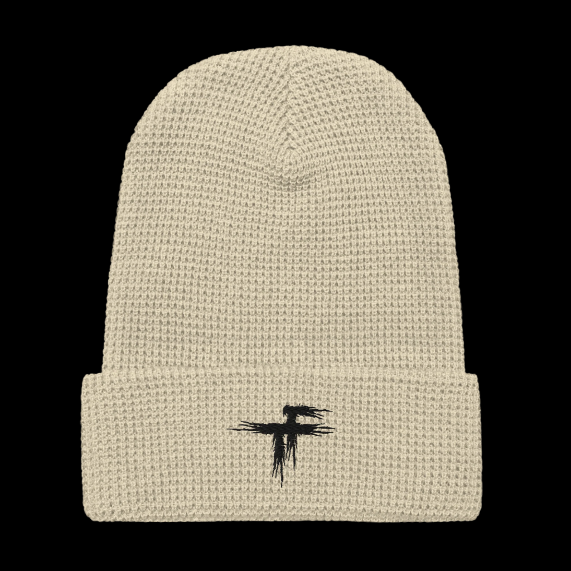 Beige knit beanie with a black logo 
