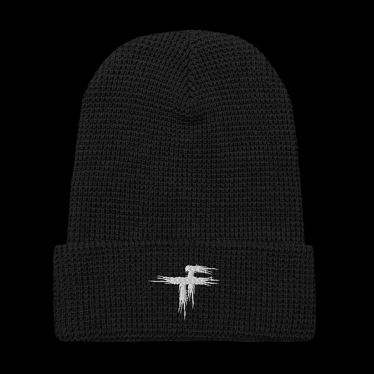 Black knit beanie with a white logo 