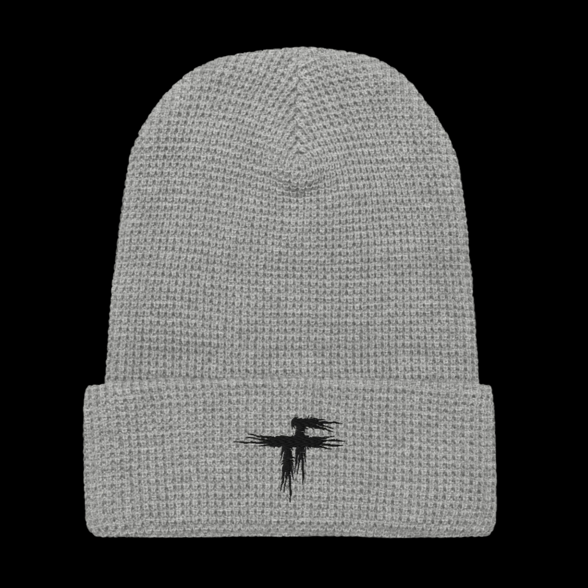 Gray knit beanie with a black logo 
