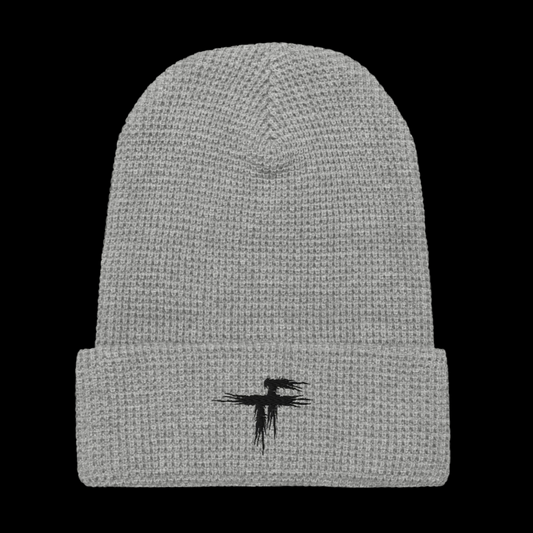 Gray knit beanie with a black logo 