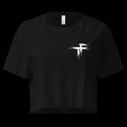 Black crop top with a white logo 