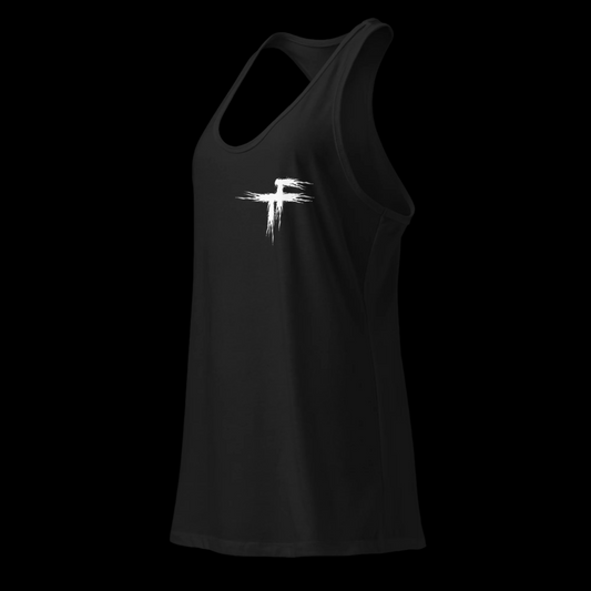 Black tank top with a white logo 
